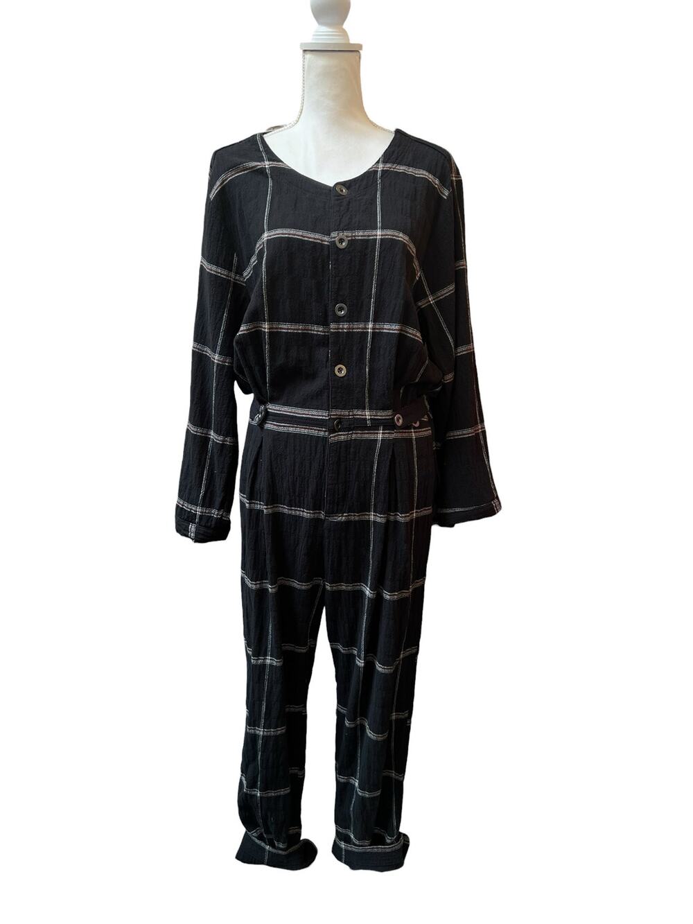 Free People Small Black Plaid Long Sleeve Belted Jumpsuit Boho Womens EUC